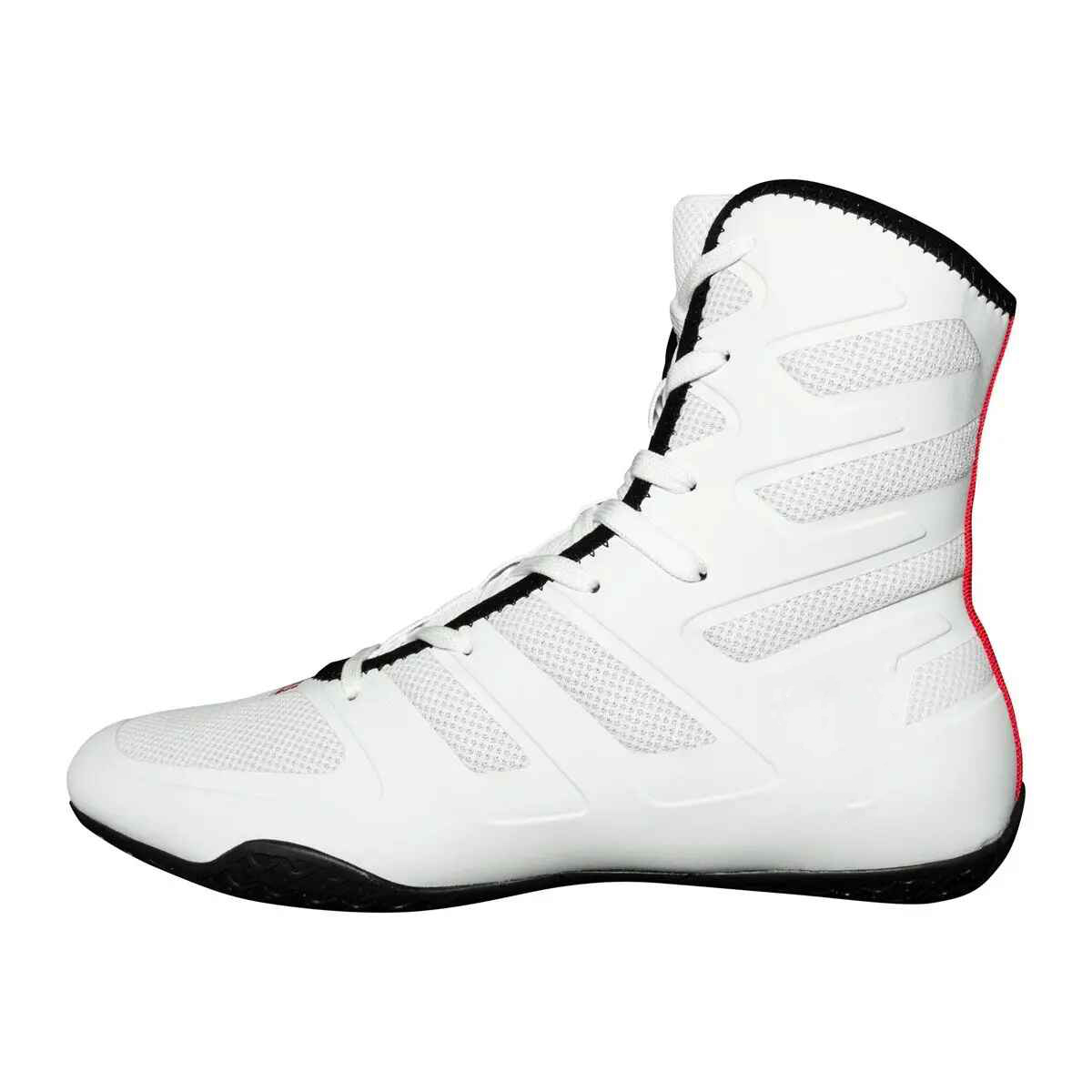 White Mesh High-Top Boxing Shoes with Layered Overlays, Red Heel Trim and Black Sole
